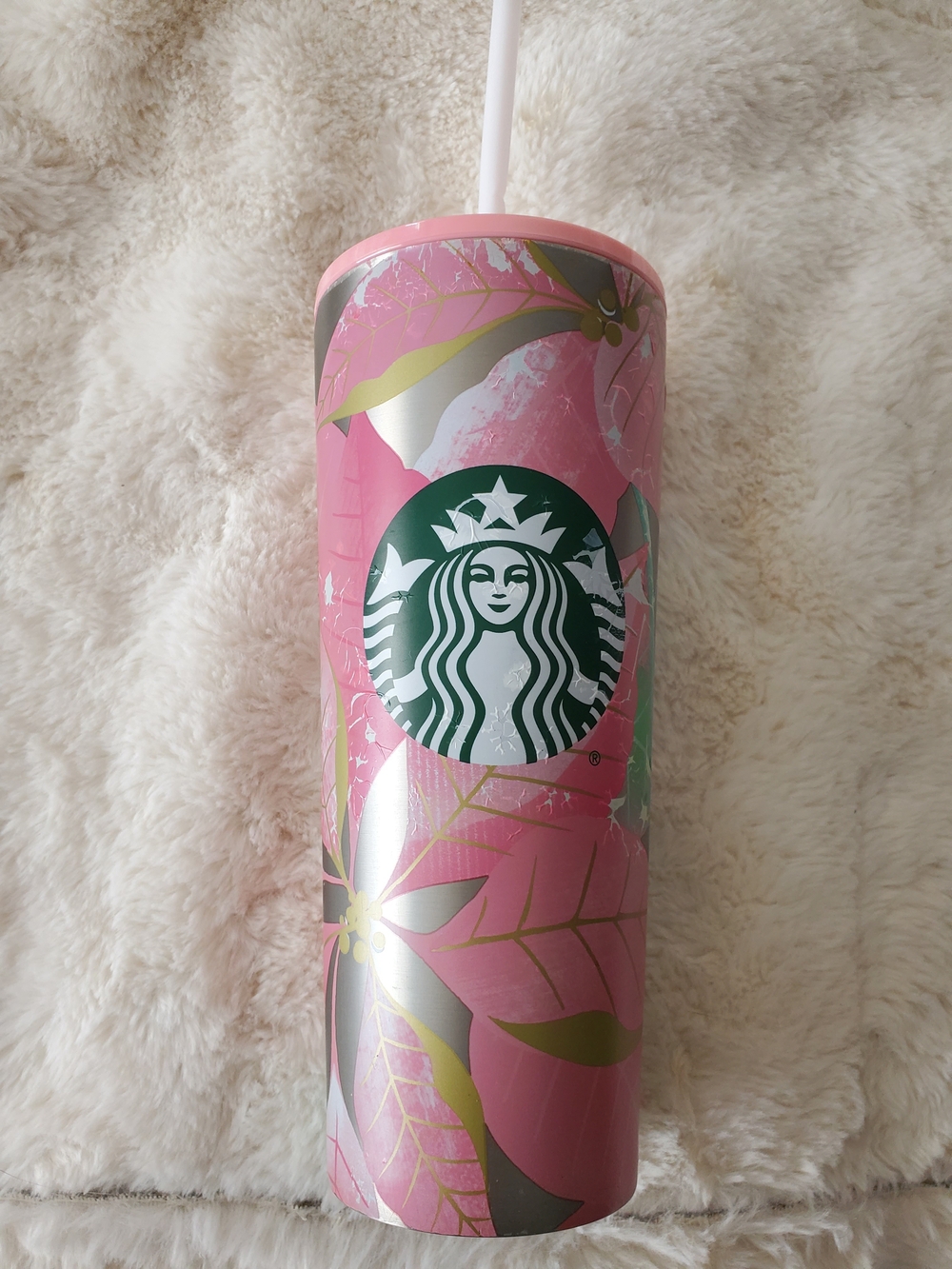 Starbucks Holiday 2020 Pink Poinsettia Stainless Tumbler with Straw 24oz